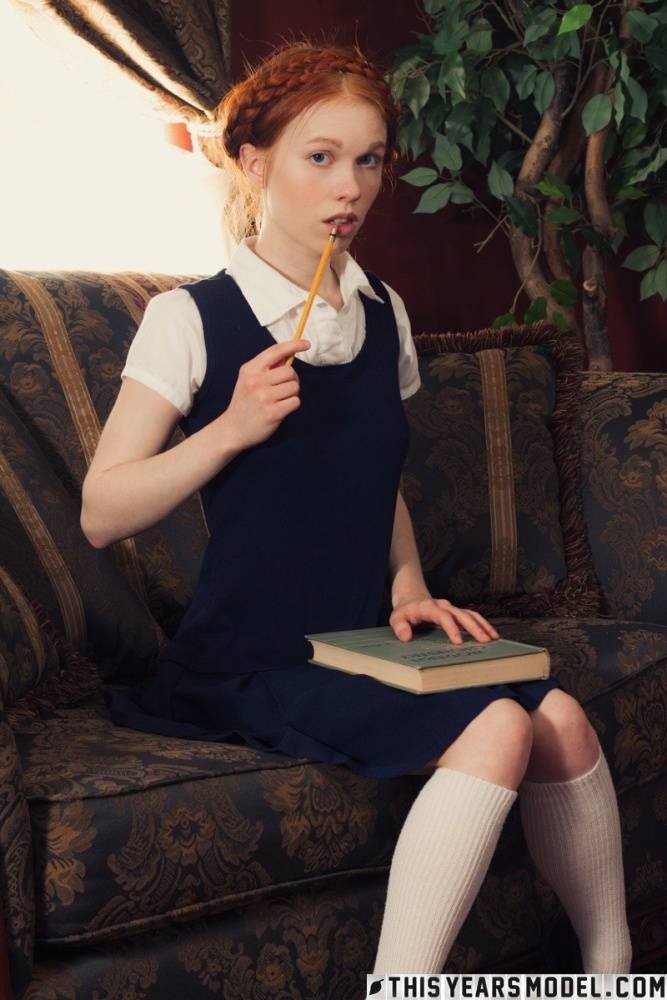 Young looking redhead Dolly Little gets naked in white socks and Mary Jane's - #5