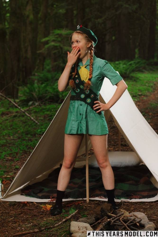 Redheaded Girl Scout Dolly Little gets naked outside her tent in beret - #13