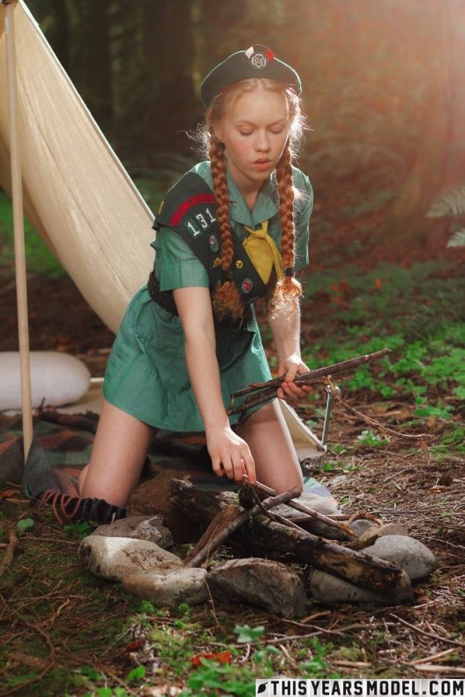 Redheaded Girl Scout Dolly Little gets naked outside her tent in beret - #15