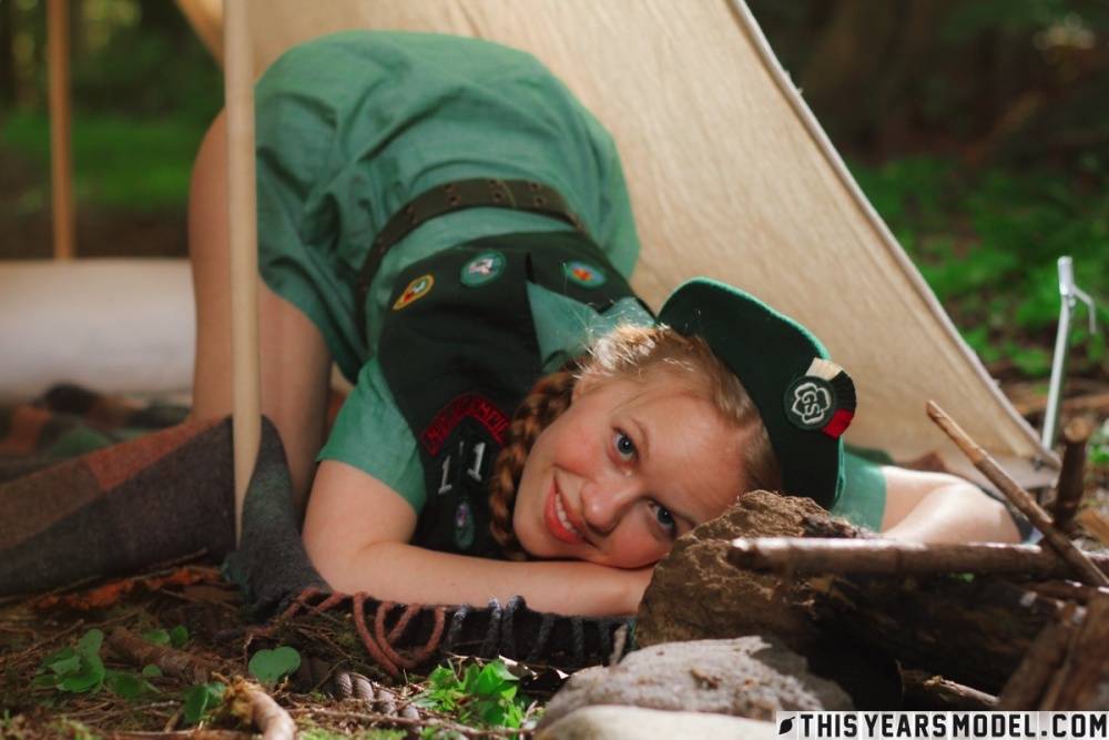 Redheaded Girl Scout Dolly Little gets naked outside her tent in beret - #1