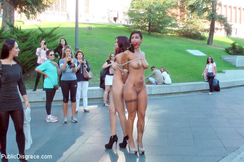 Beautiful girls are tied together during a public humiliation session - #11