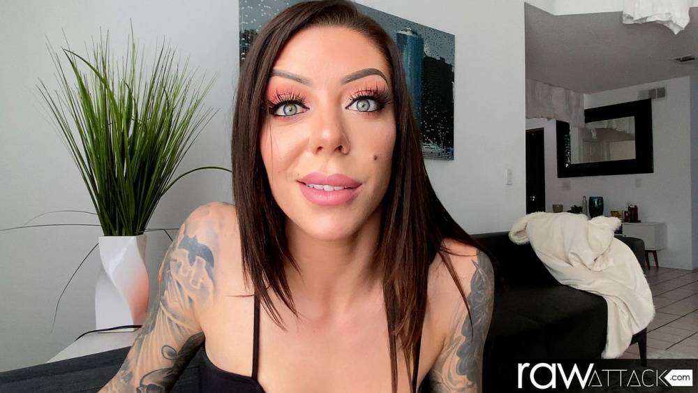 Tattooed brunette Karma Rx drip sperm from her chin after POV sex - #1