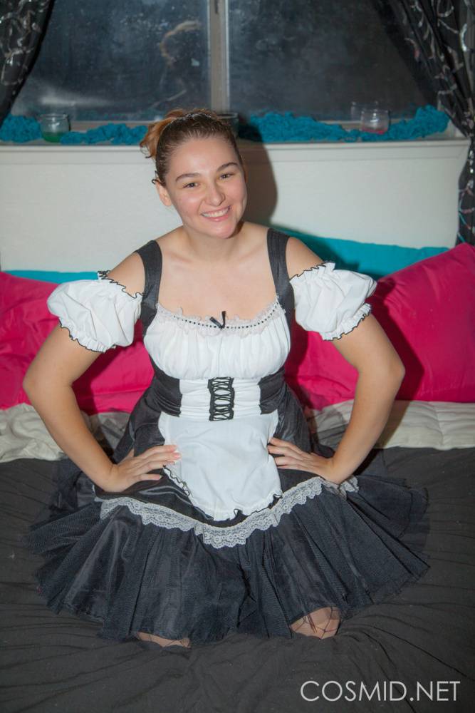 Amateur Sarah P removes her Swiss miss costume to spread naked on her knees - #6