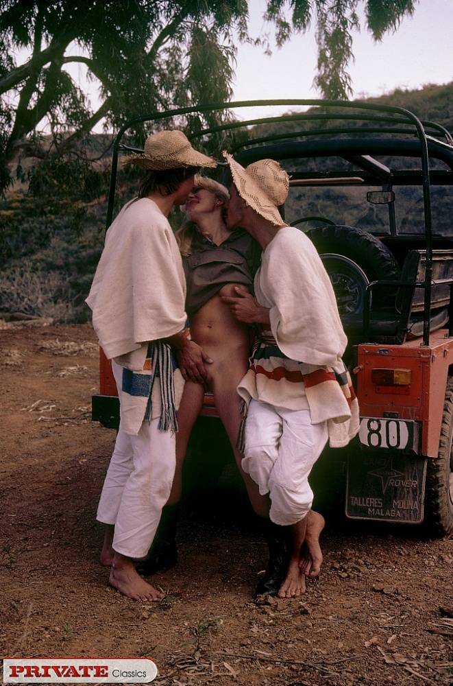 Blonde girl with perfect natural tits having a wild DP threesome on safari - #12