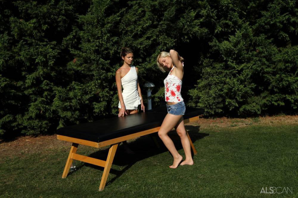 Zazie Skymm and Gina Gerson have lesbian sex on an outdoor massage table - #2