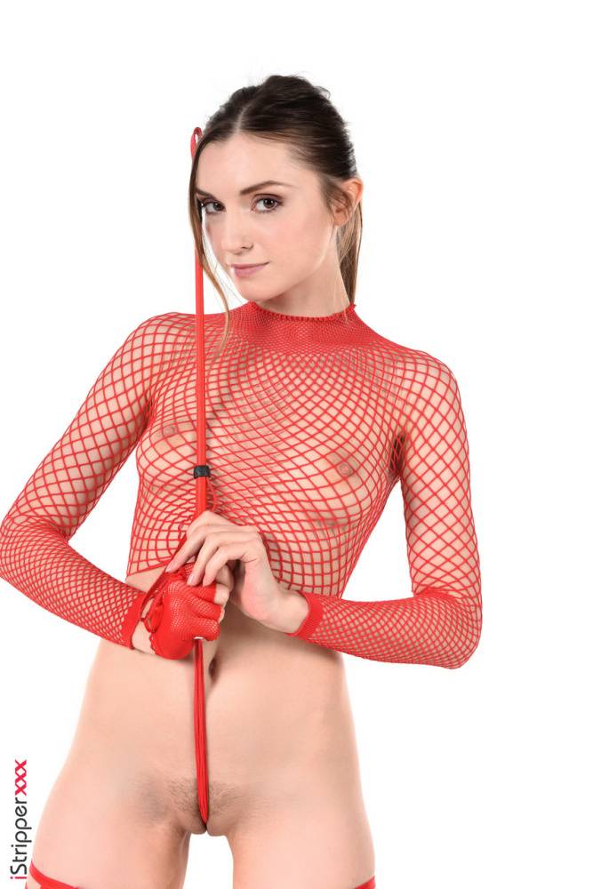 Sexy brunette Monika May sucks on a dildo after removing a red mesh bodysuit | Photo: 607734
