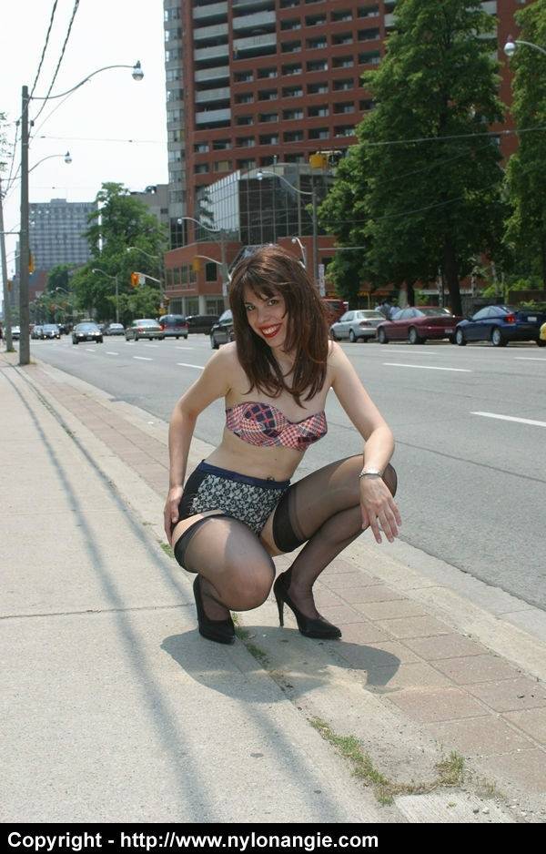 Solo model Dirty Angie exposes her nipples on a street in panties and hosiery | Photo: 638324