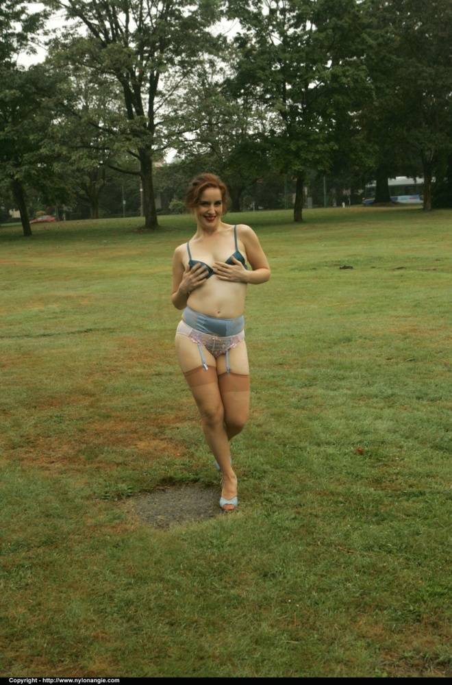 Amateur chick Dirty Angie strips to her pretties and tan nylons in a park - #12