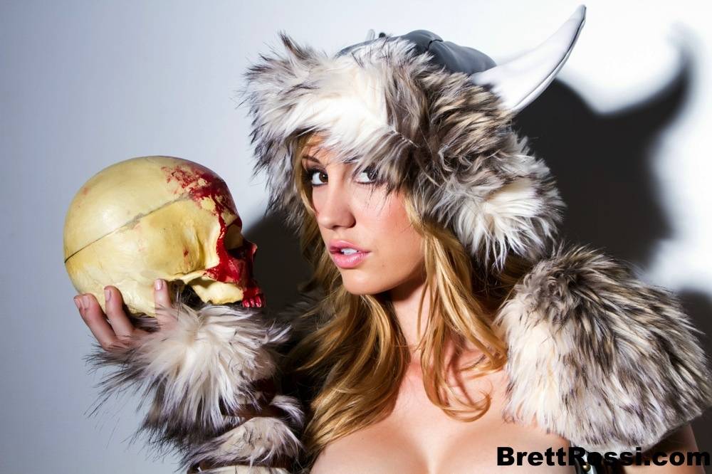Solo model Brett Rossi frees her big tits and bald pussy from Viking attire - #14