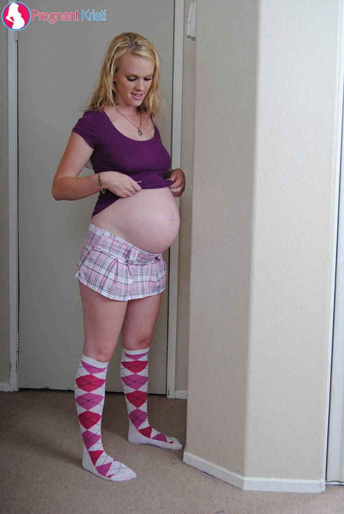 Blonde girl Hydii May puts her pregnant belly on display in knee socks - #2