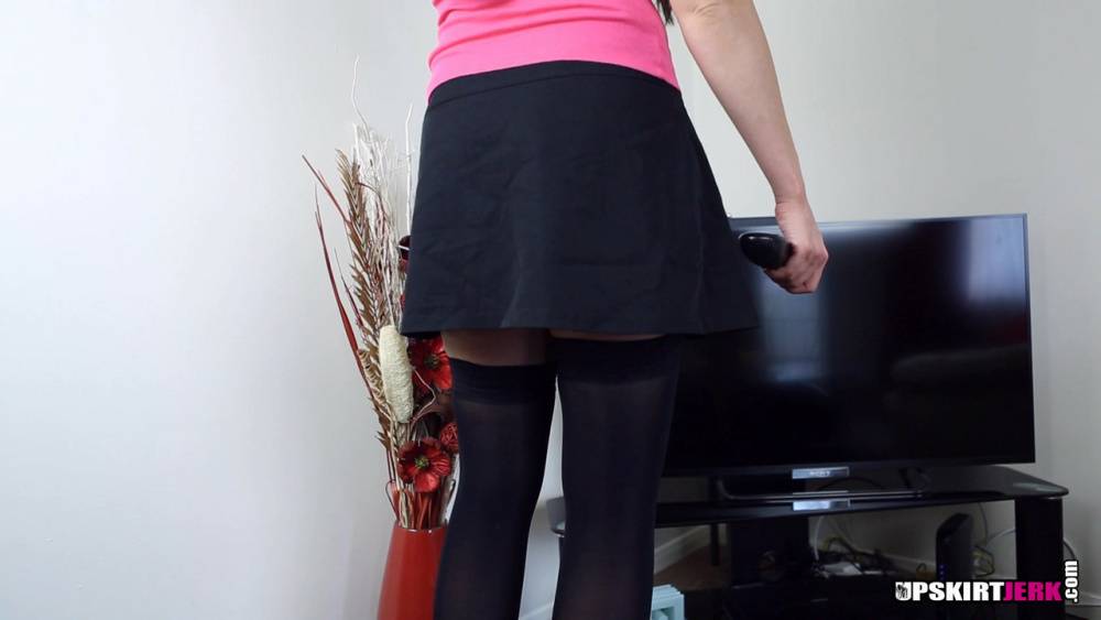 Brunette female Sophie Delane takes off her upskirt panties in black stockings - #3