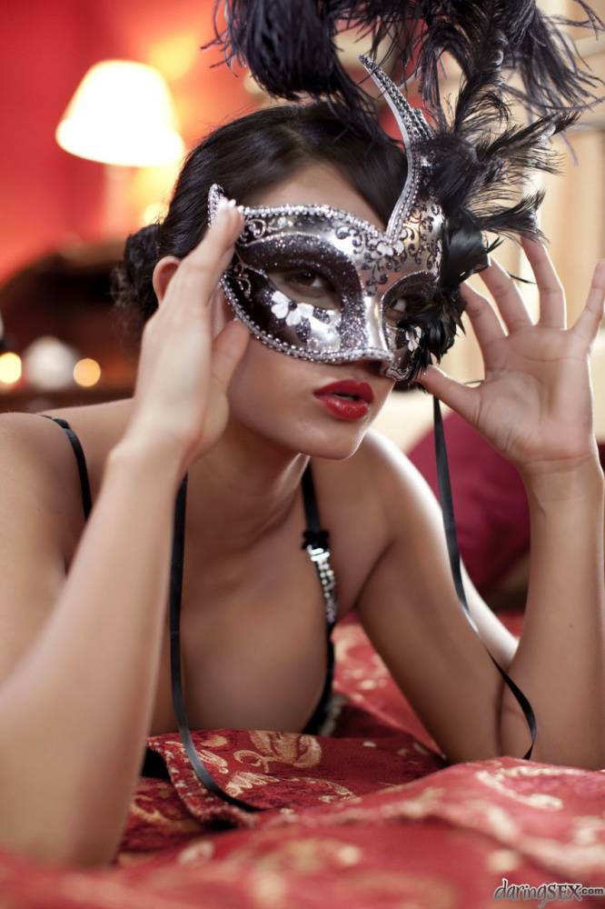 Brunette girl in her bra and underwear dons a mask to match her girlfriend - #1