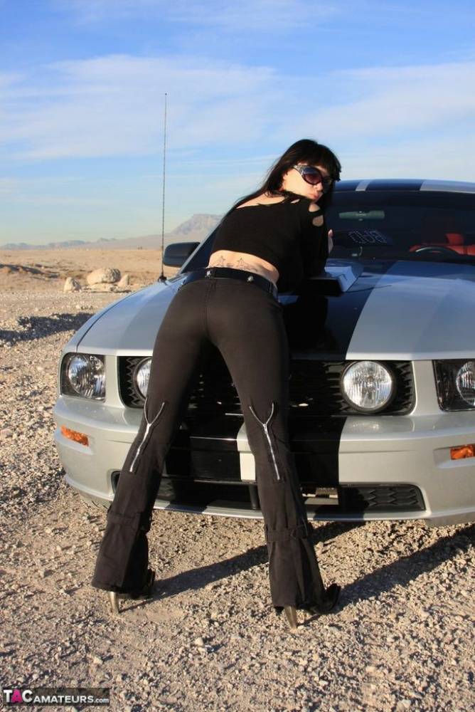 Sexy chick Susy Rocks exposes her bra over the hood of a car in shades | Photo: 673249
