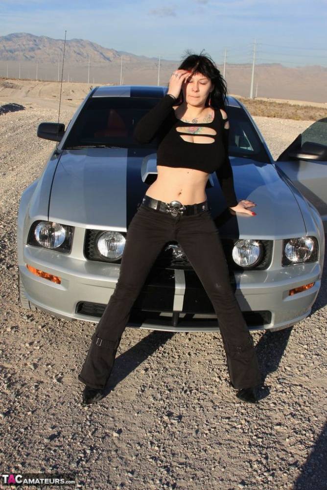 Sexy chick Susy Rocks exposes her bra over the hood of a car in shades | Photo: 673293