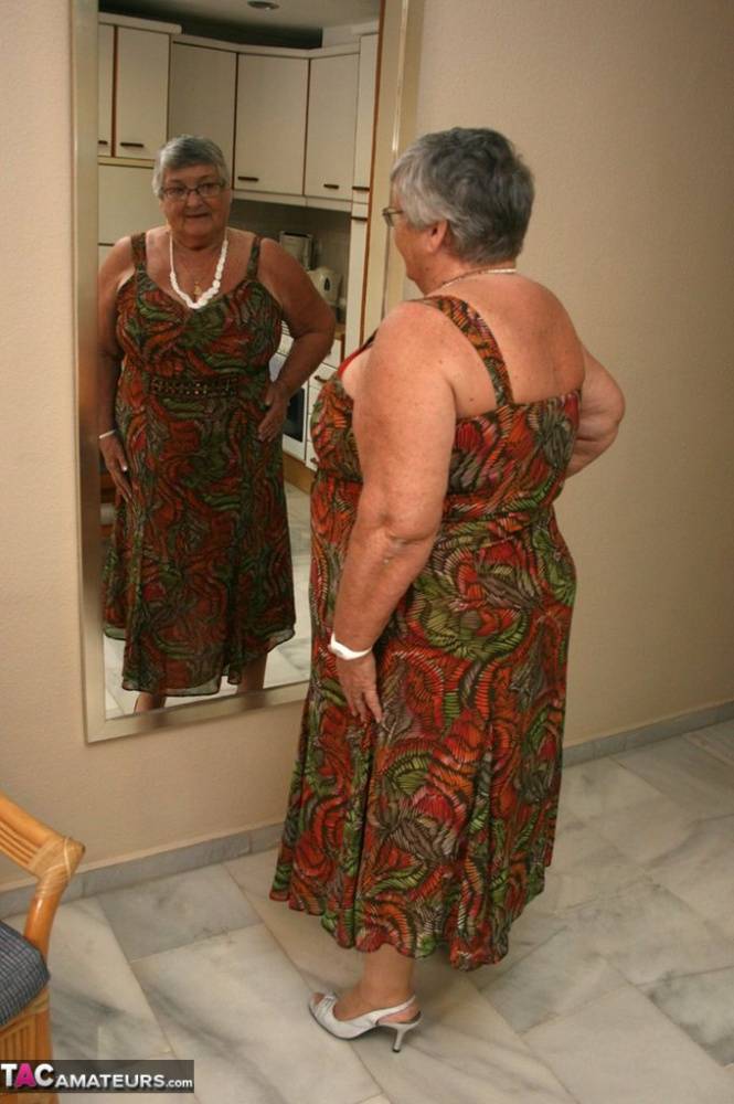 Silver haired granny Grandma Libby exposes her obese figure afore a mirror - #10