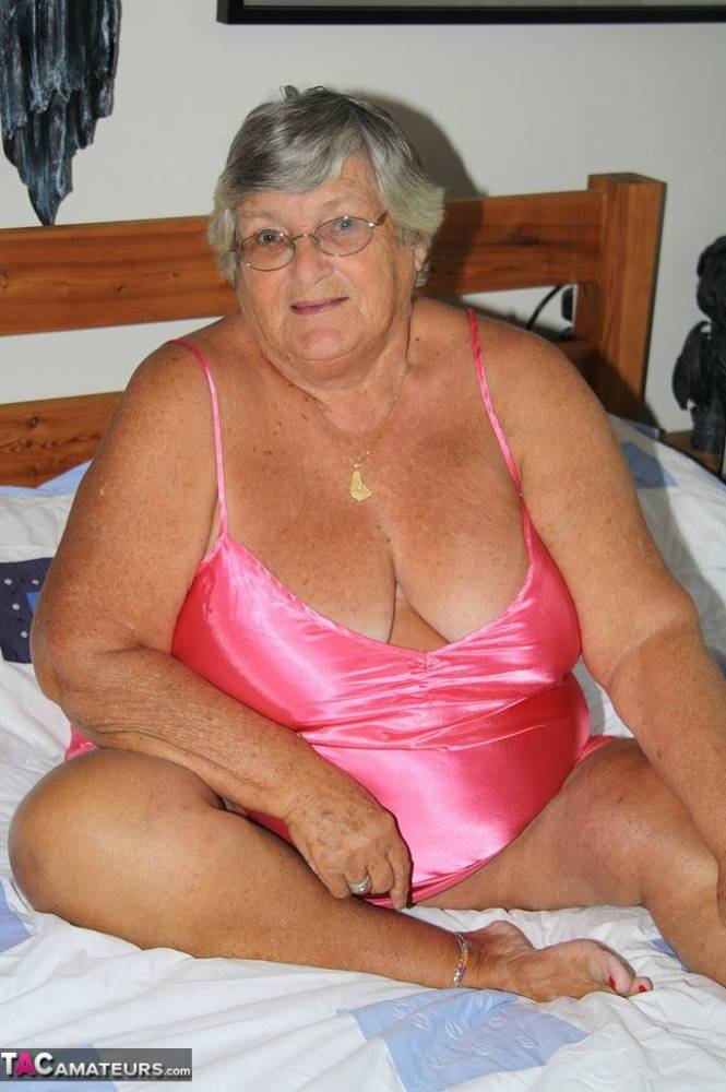 Fat old woman Grandma Libby frees her tan lined body from satin lingerie - #13