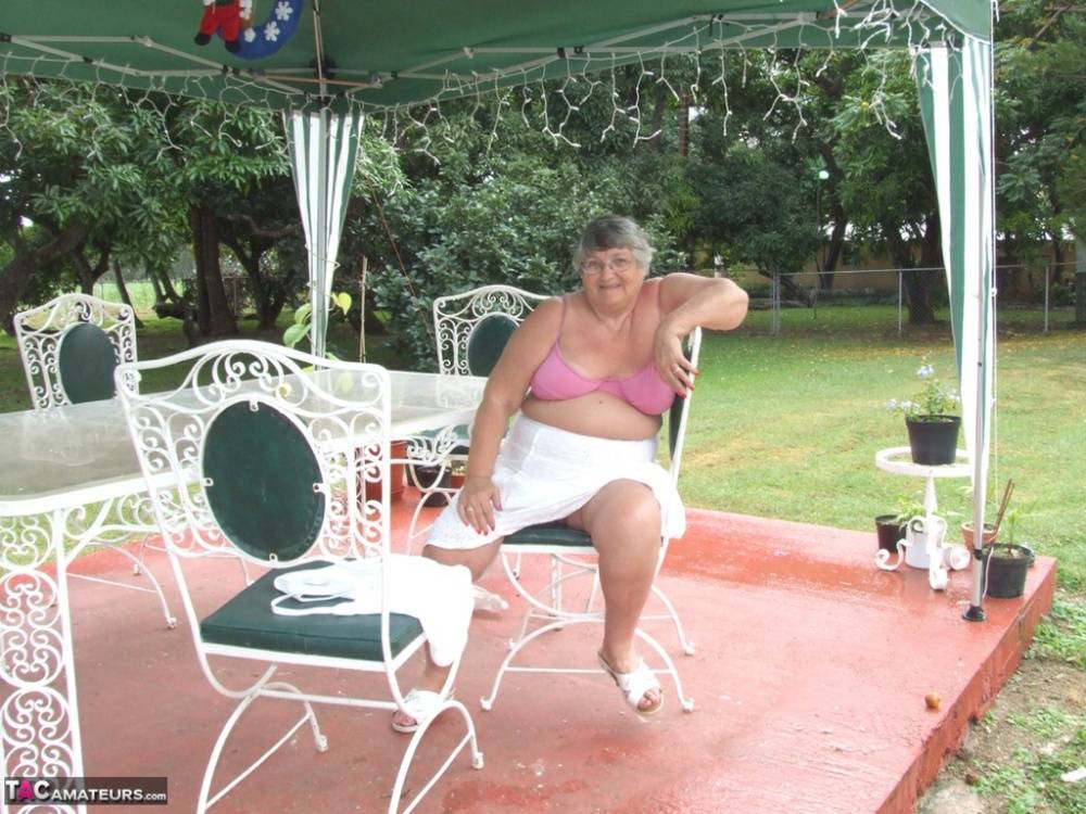 Obese British lady Grandma Libby exposes her large tits underneath a tree - #16