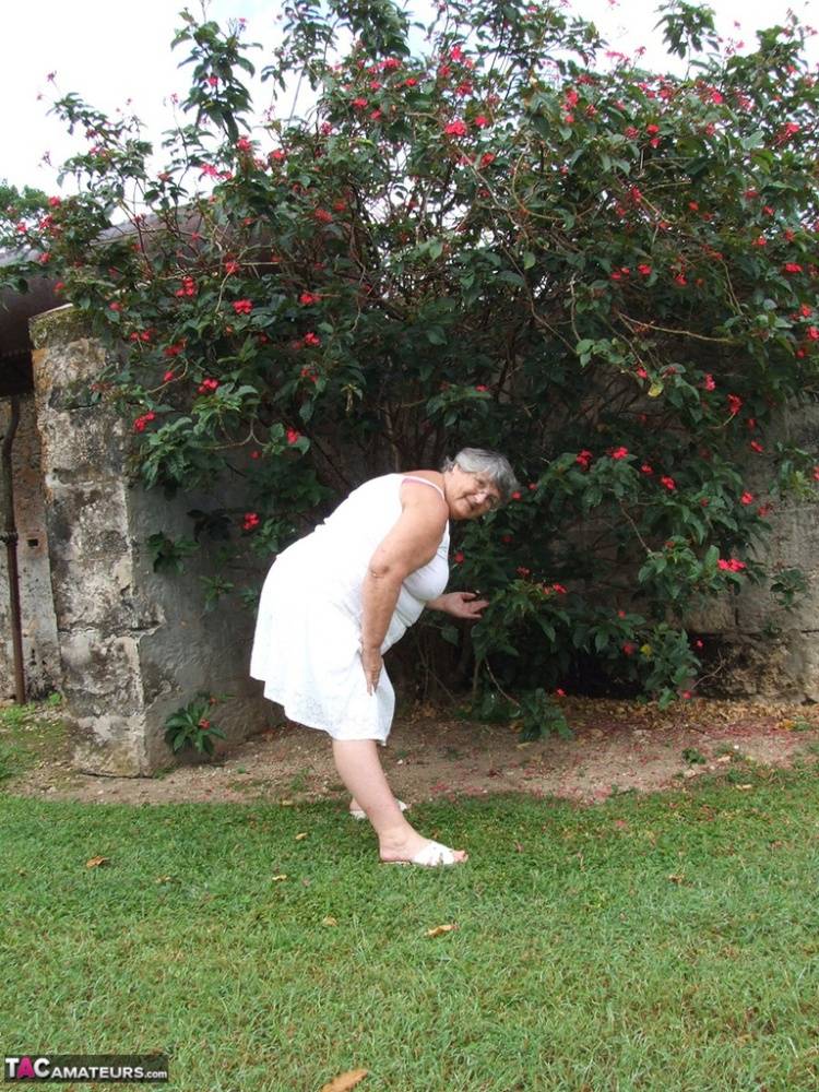 Obese British lady Grandma Libby exposes her large tits underneath a tree | Photo: 791072