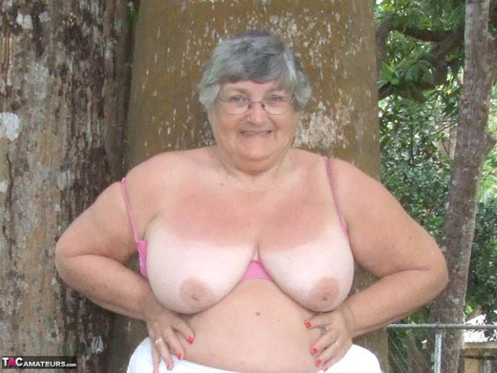 Obese British lady Grandma Libby exposes her large tits underneath a tree - #2