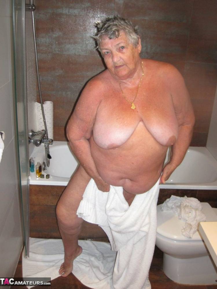 Obese amateur Grandma Libby blow drys her hair after taking a shower - #16