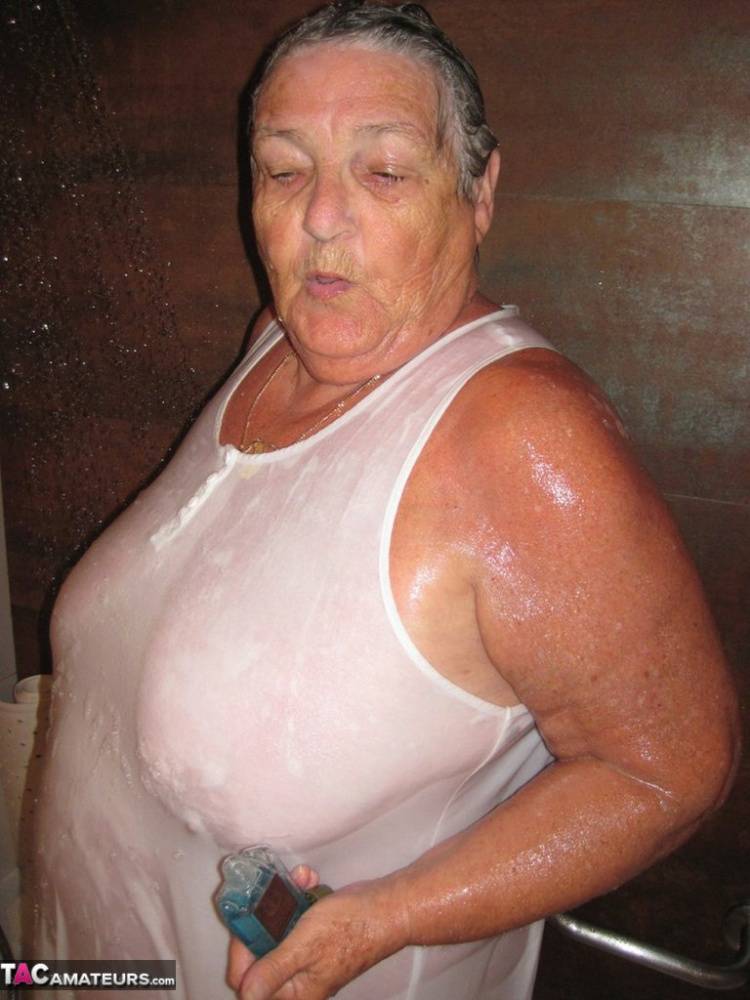 Obese amateur Grandma Libby blow drys her hair after taking a shower - #13
