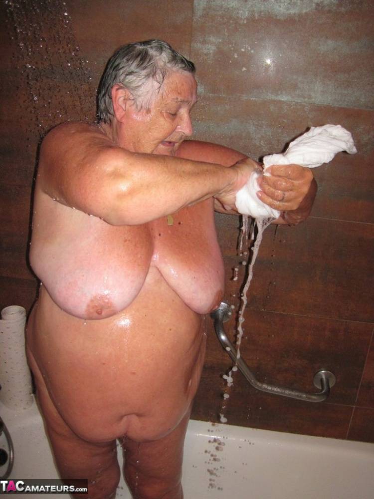 Obese amateur Grandma Libby blow drys her hair after taking a shower - #12