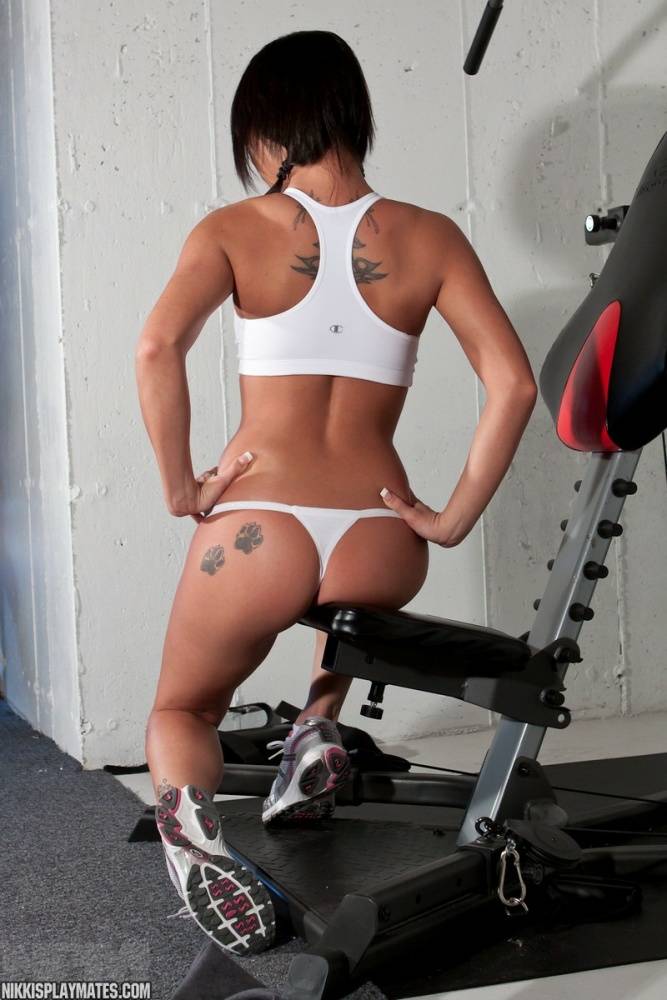Hot sexy Nikki Sims whale tailing topless at the gym in white thong panties - #1