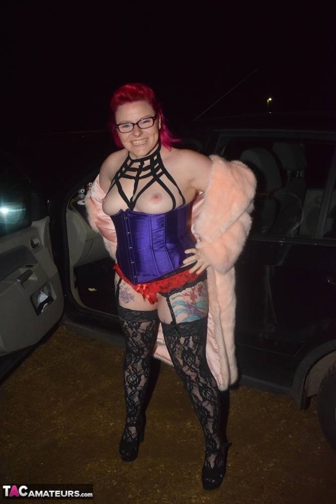 Amateur chick with dyed hair steps out of a vehicle to flash in lingerie - #6