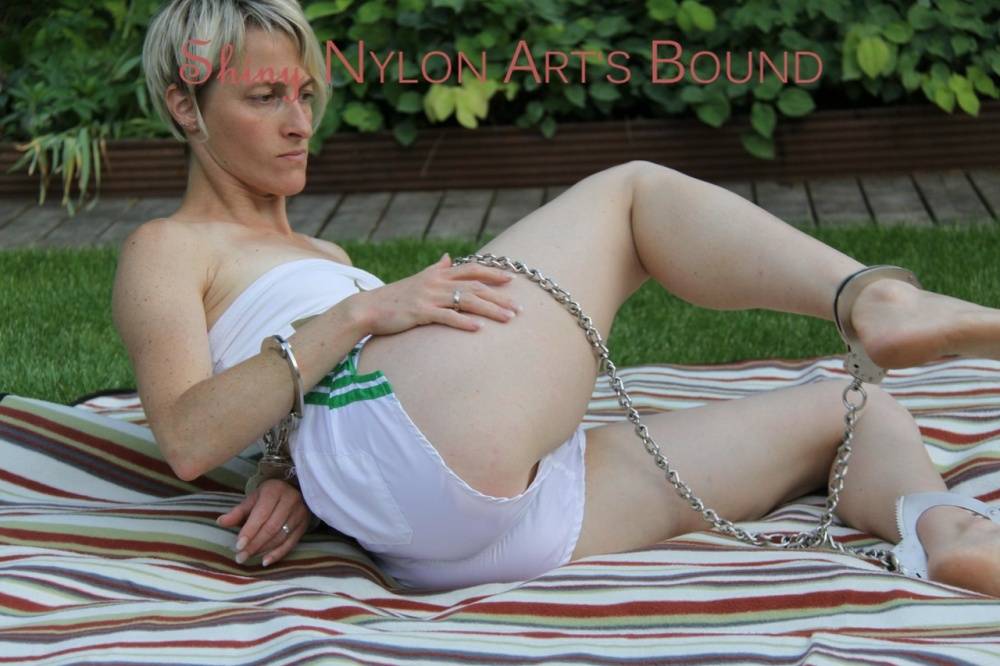 Watching Sonja wearing a hot white shiny nylon shorts and a white top bound - #6