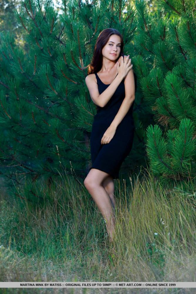 Beautiful teen Martina Mink frees her great body from black dress by fir trees - #11