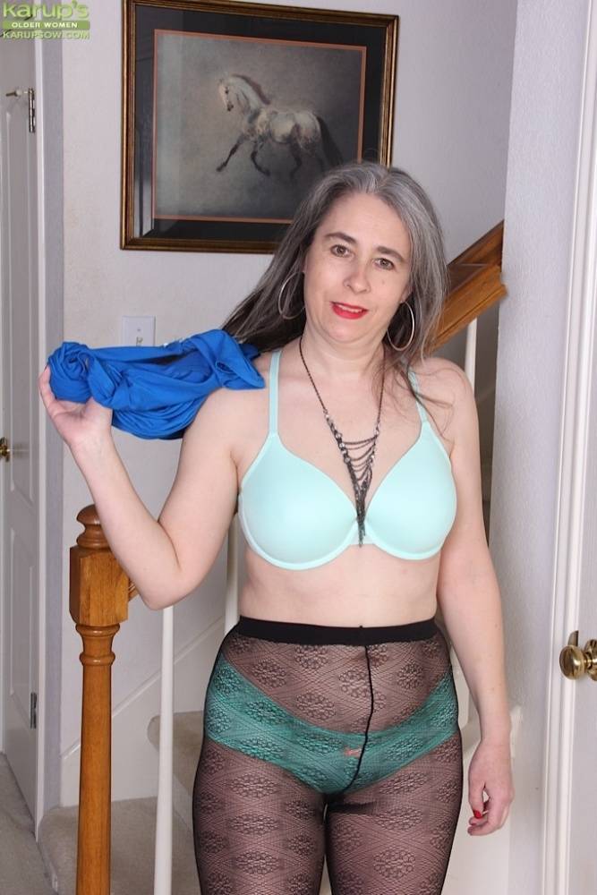 Grey haired older lady Lexy Lou revealing big breasts and hairy cooter - #16
