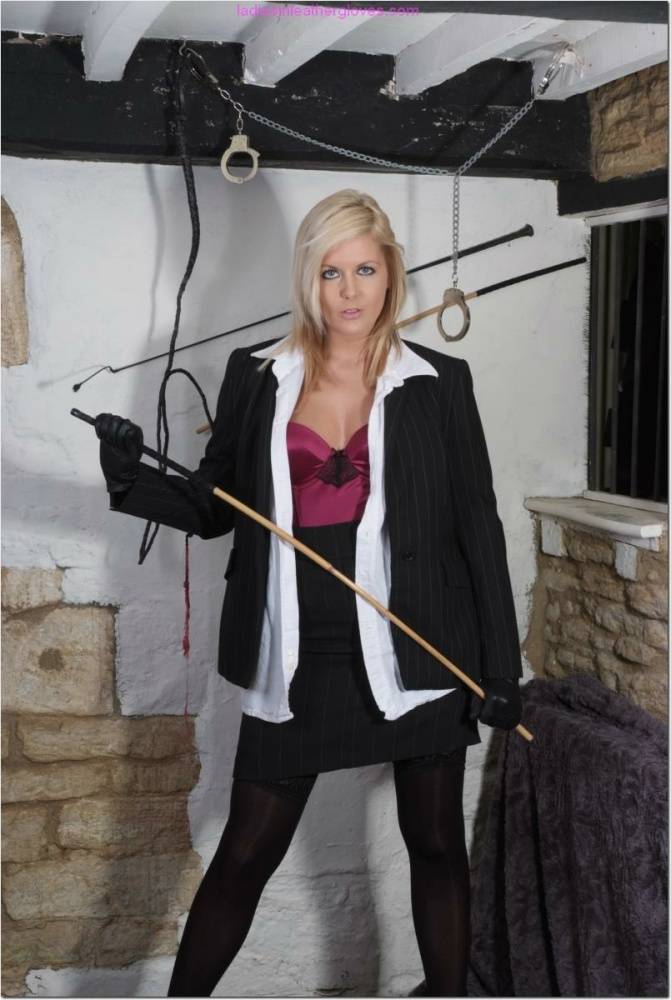 Blonde woman Victoria flexes a cane before showing her upskirt underwear - #11