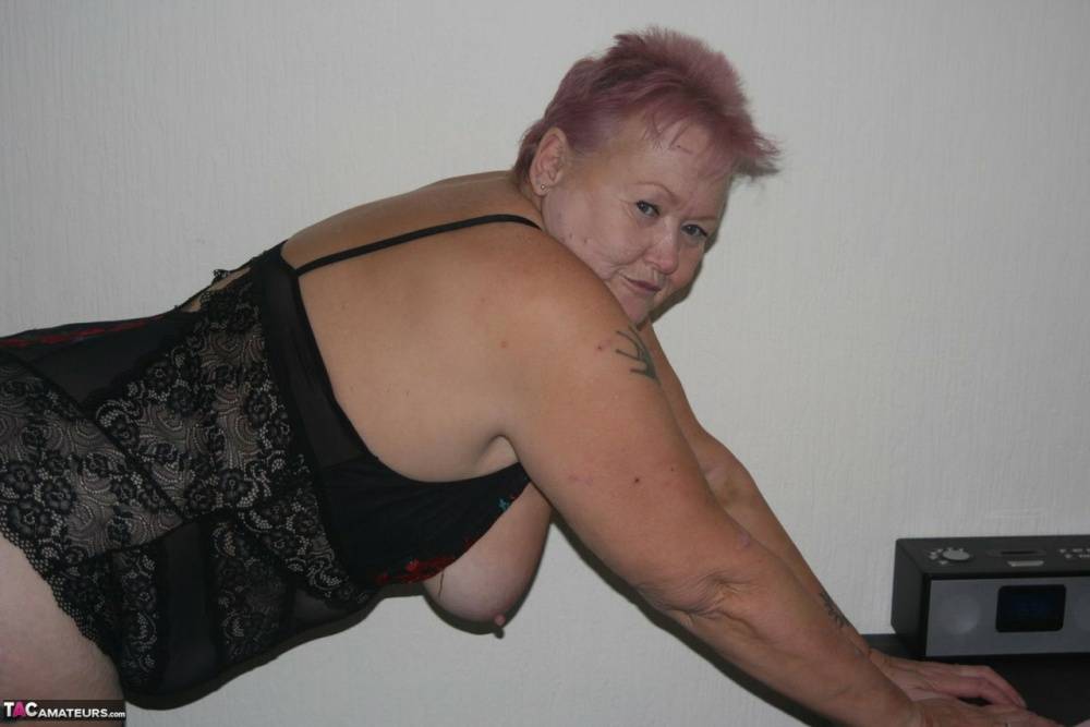 Overweight granny Valgasmic Exposed sheds her lingerie to pose nude in hosiery - #15