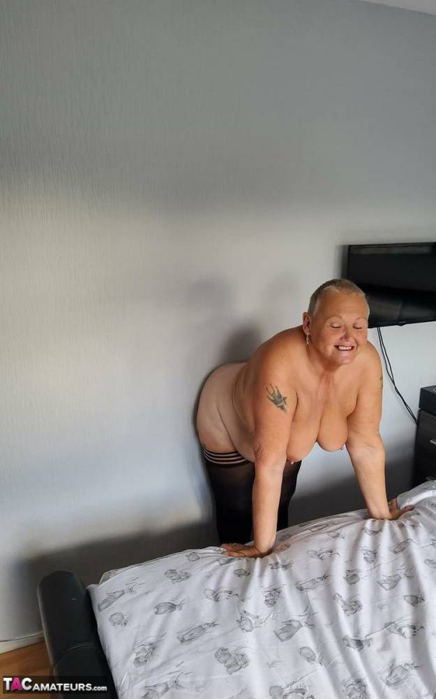 Overweight granny Valgasmic Exposed sheds her lingerie to pose nude in hosiery - #3