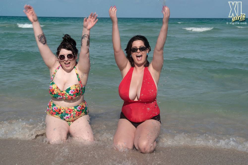 Mature BBW besties take out their massive big tits to play at the beach - #9