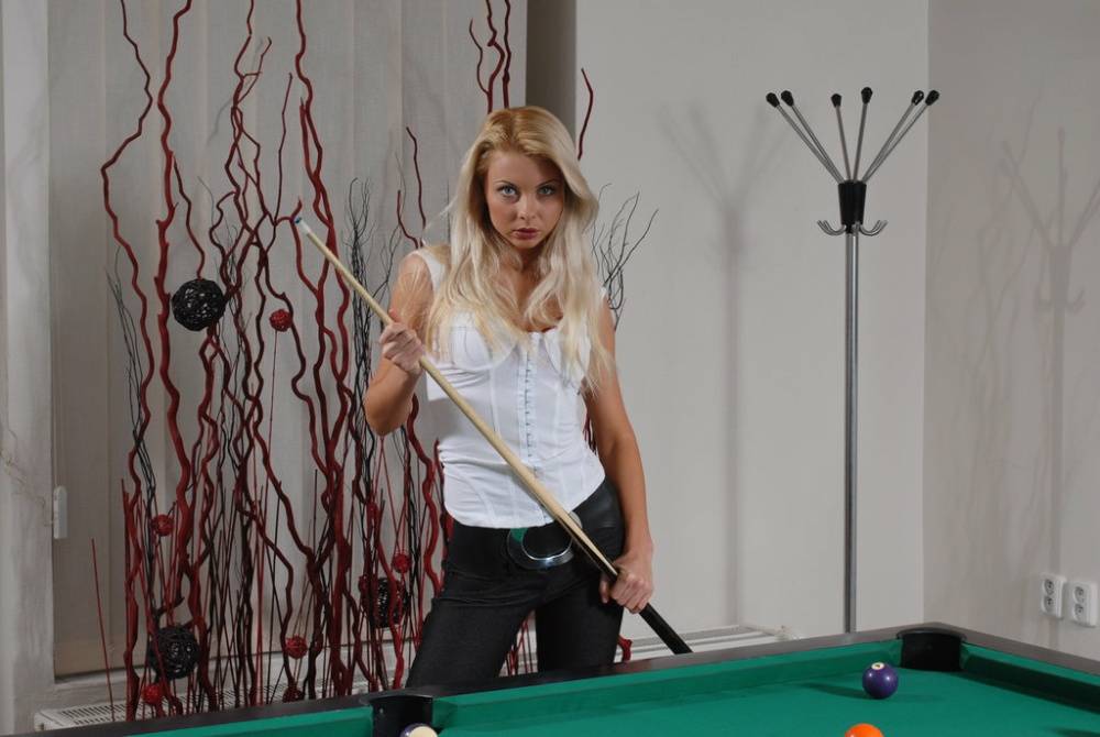 Cute Euro blonde Lea T undresses atop pool table to play with puffed up pussy - #11