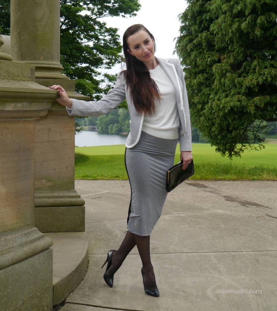 Clothed woman Sophia descends park steps in a long skirt and stiletto heels - #6