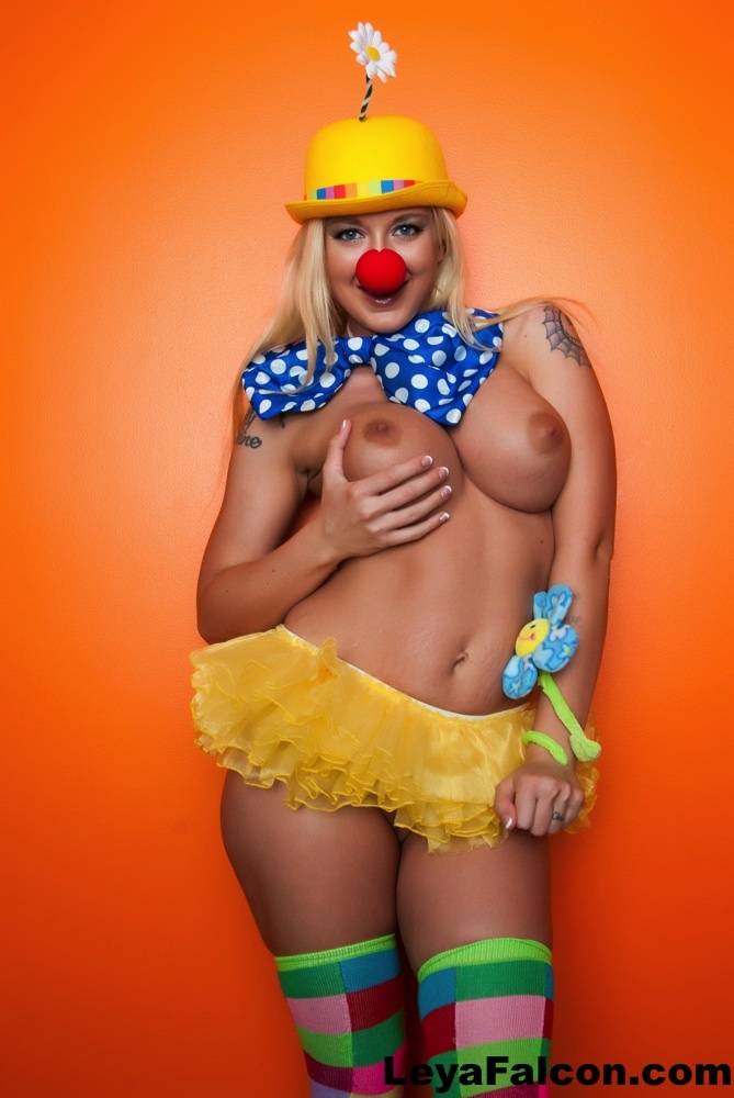 Hot cosplay MILF Leya Falcon in clown costume fondling her huge big tits - #2