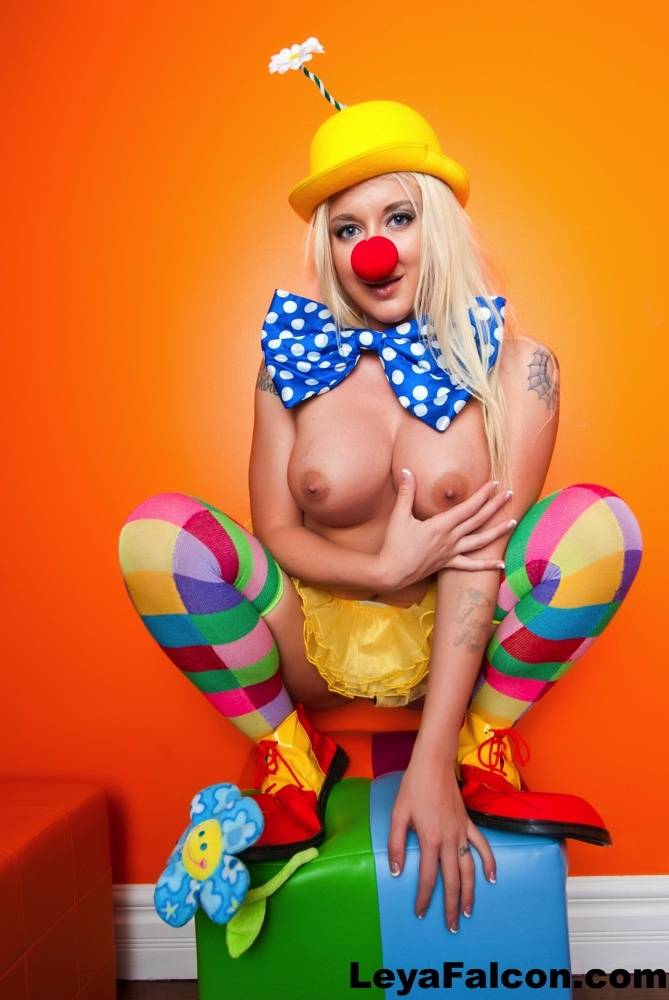 Hot cosplay MILF Leya Falcon in clown costume fondling her huge big tits - #8