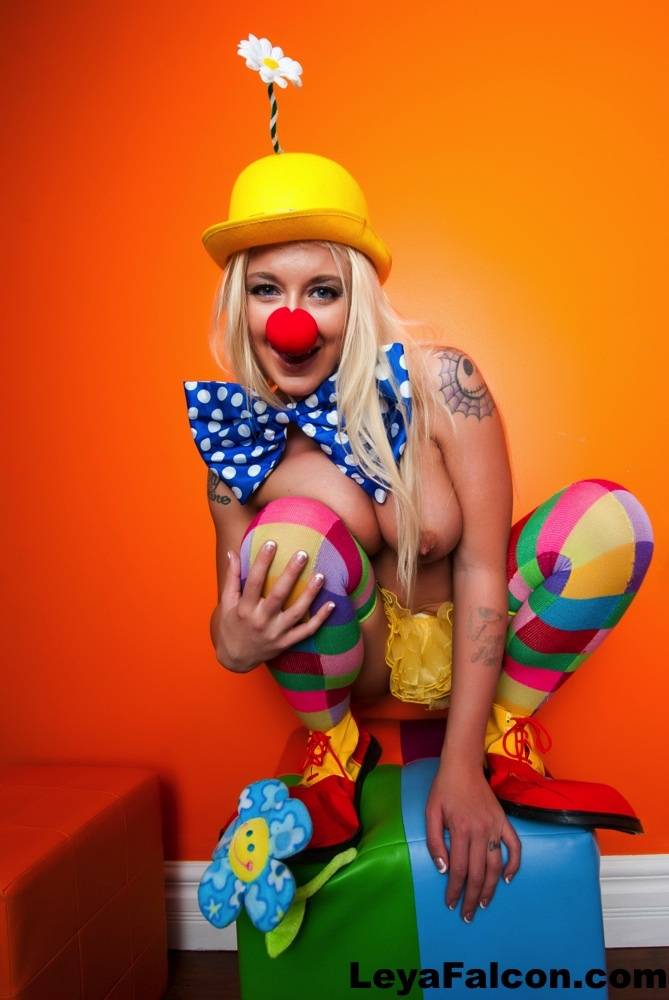 Hot cosplay MILF Leya Falcon in clown costume fondling her huge big tits - #5