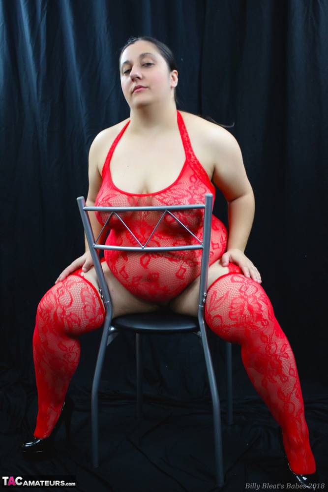 Amateur BBW Kimberly Scott poses non nude in red lingerie and matching hosiery - #13