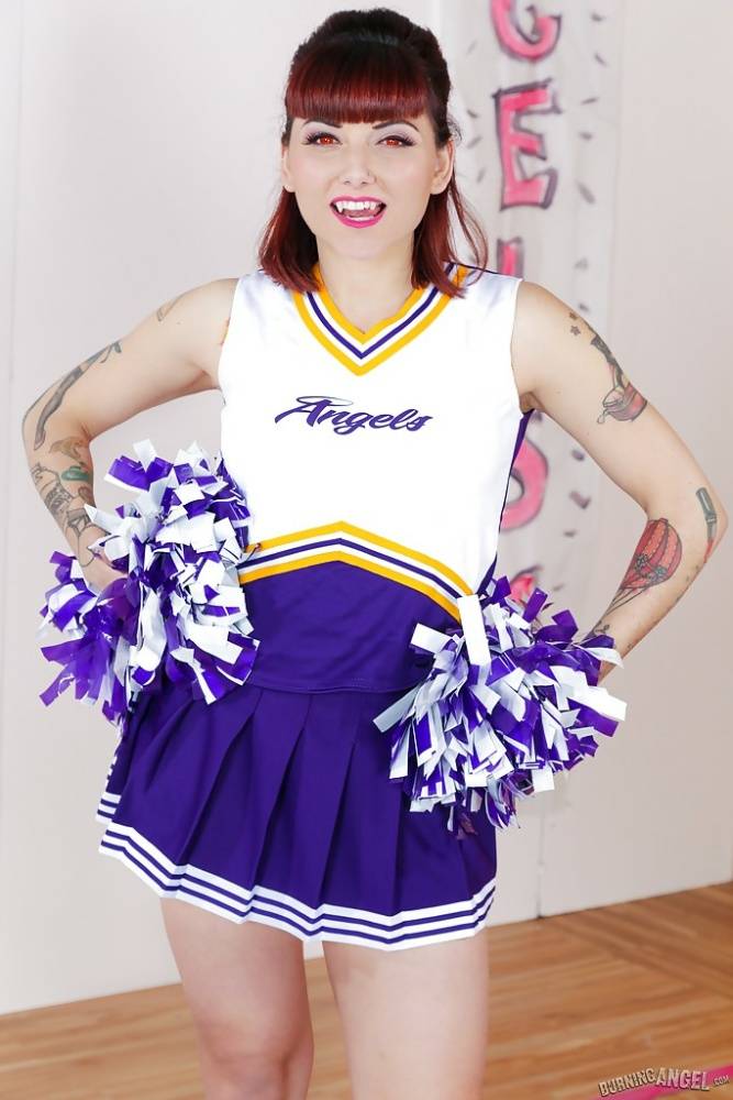 Tattooed schoolgirl cheerleader undresses for bald cunt spreading - #3
