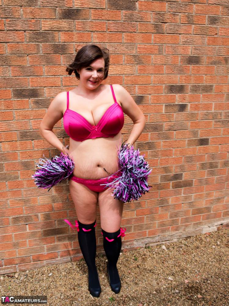 Overweight amateur Roxy doffs a cheerleader uniform in over the knee socks - #1