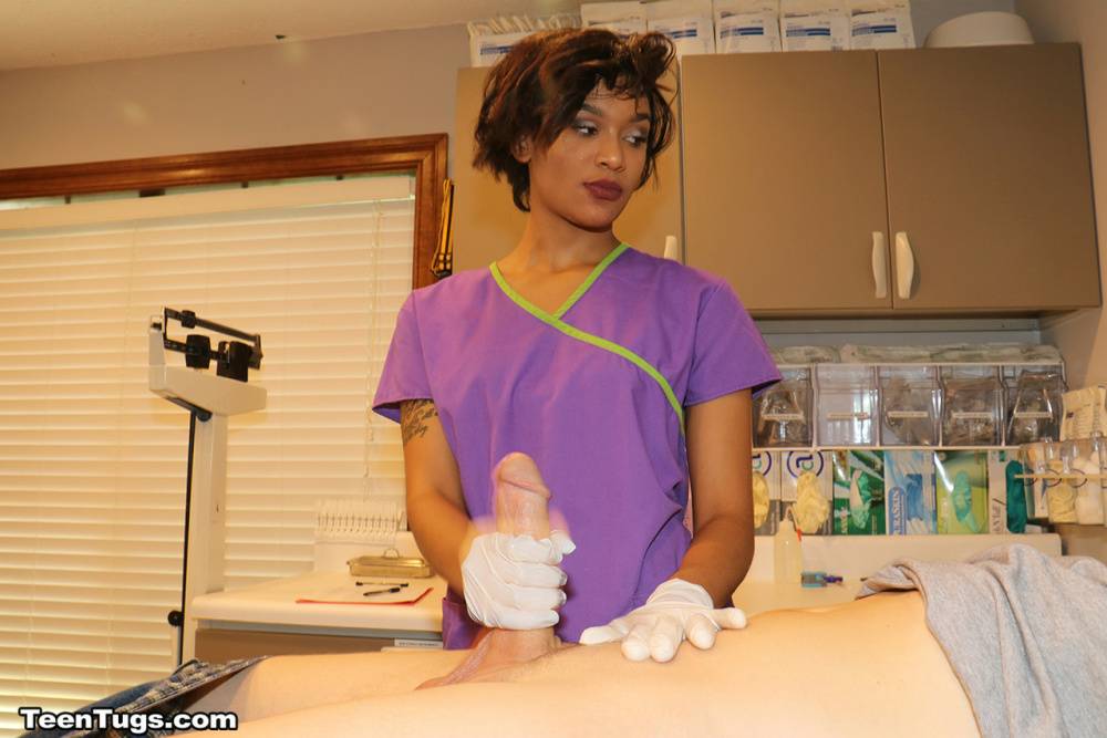 Fully clothed nurse dons latex gloves before giving a handjob at work - #10
