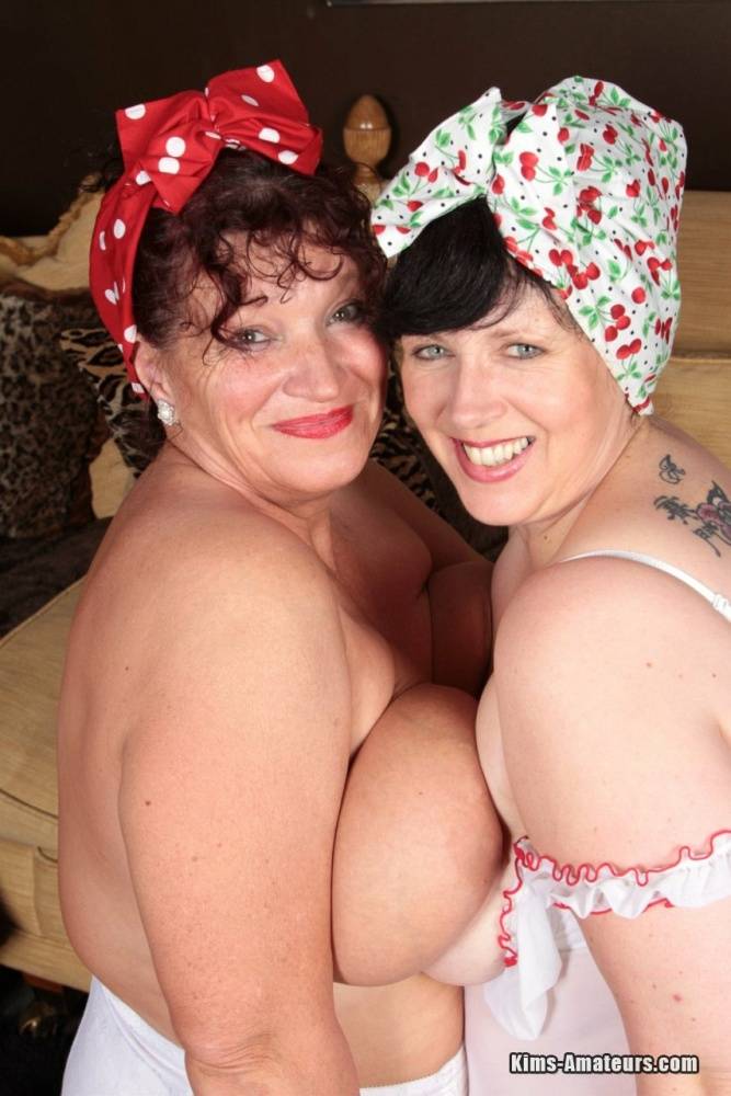 Mature lesbians show off their large boobs while wearing white nylons - #11