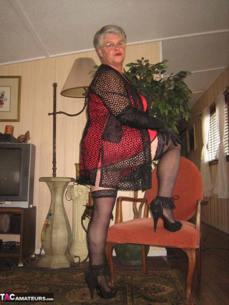 Old lady Girdle Goddess casts off lingerie to pose nude in hosiery and gloves - #13