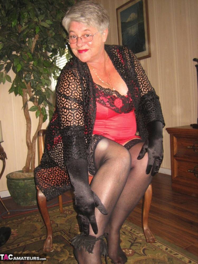 Old lady Girdle Goddess casts off lingerie to pose nude in hosiery and gloves - #11