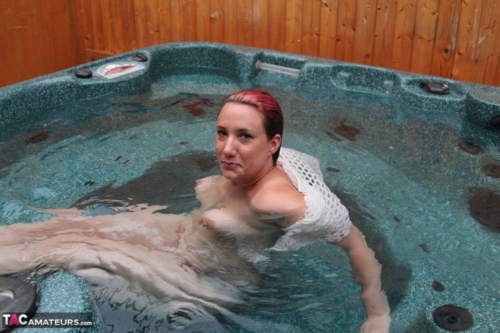 Plump amateur removes a mesh top while relaxing in an outdoor hot tub - #5