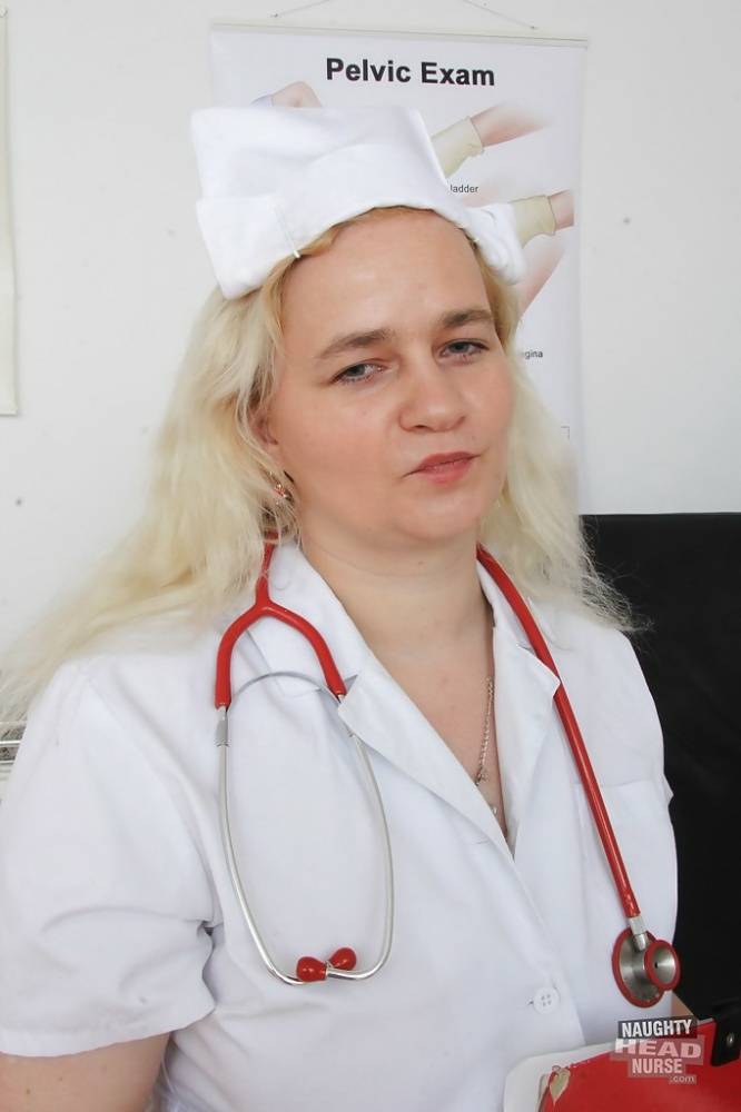 Older blonde nurse Elena stripping off nurse's uniform in examination room - #7
