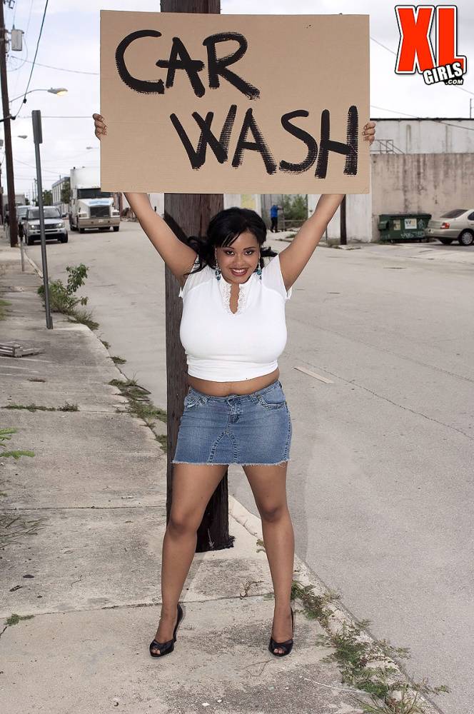 Ebony BBW Sunny Dee wets her giant boobs during a car wash - #8